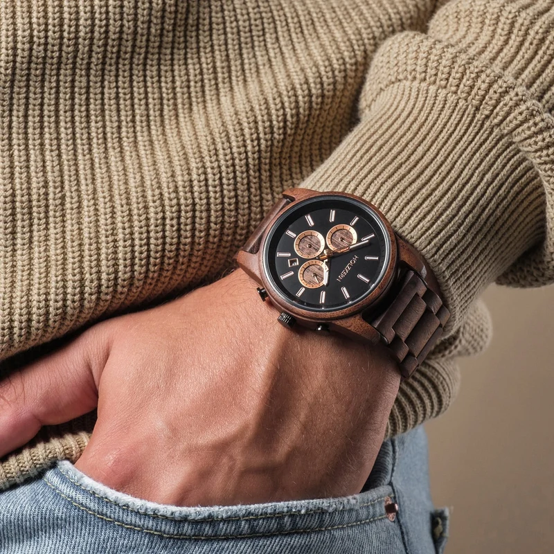 Holzkern Buschwerk HK1073 Herren Armbanduhr Braun • Chronographenwerk • Echtmarmor-Zifferblatt