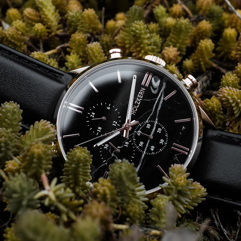 Holzkern Relational Herren Chronograph • Echter Schwarzer Marmor • Mineralglas