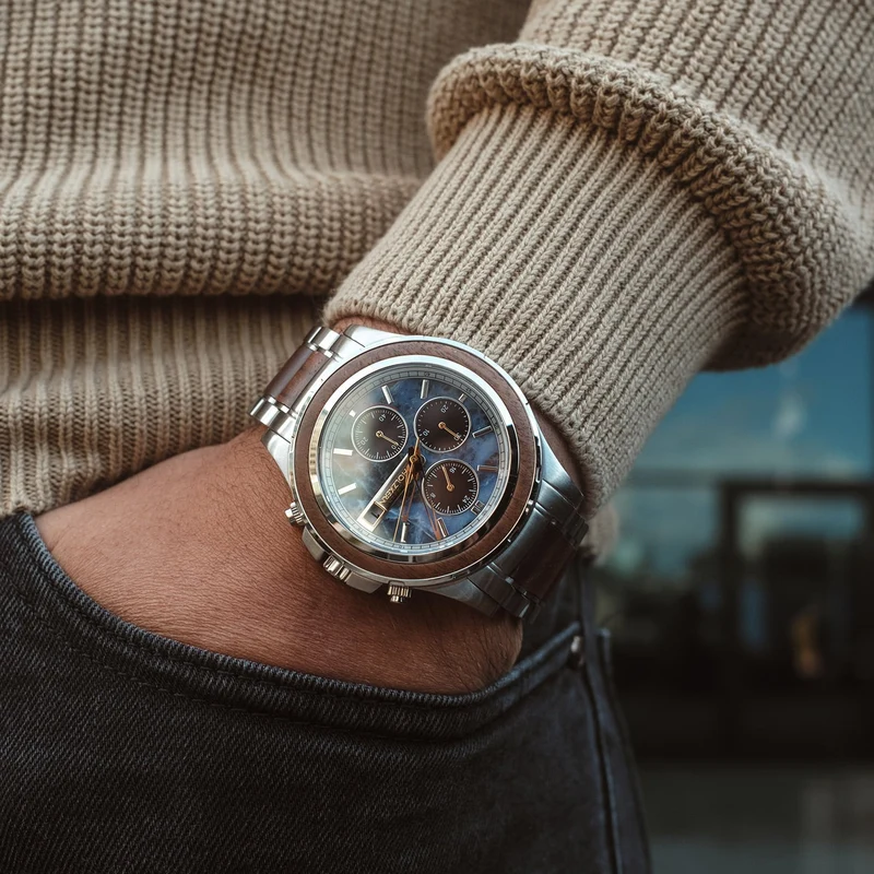 Holzkern Koh Mak 9010631007140 Herren-Chronograph Solar Blau • Solarwerk Epson VR43 • Walnussholz & echter Marmor