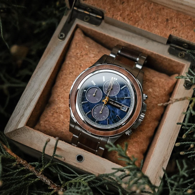 Holzkern Koh Mak 9010631007140 Herren-Chronograph Solar Blau • Solarwerk Epson VR43 • Walnussholz & echter Marmor