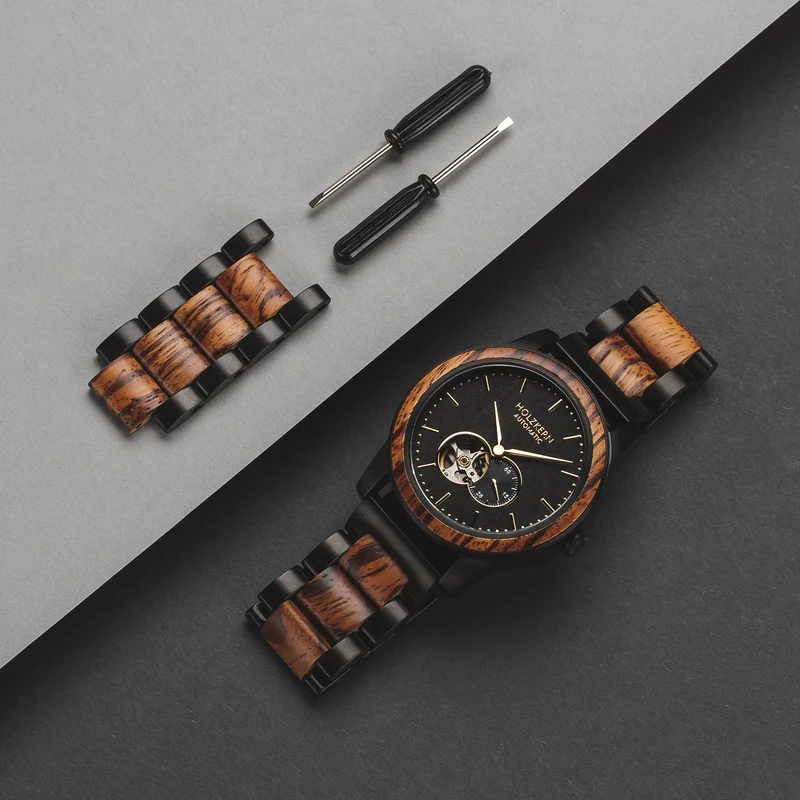 Holzkern San Francisco Herren Automatikuhr Schwarz • Zebranoholz & Ahornholz • Miyota Automatikwerk