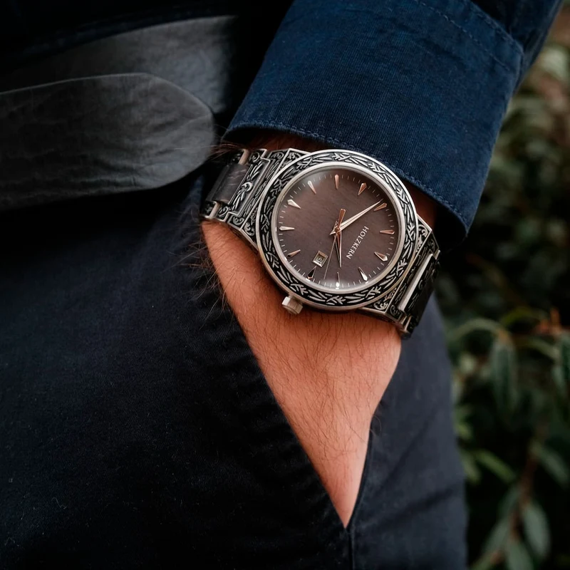 Holzkern Misir Armbanduhr Grau • Quarzwerk • Mineralglas
