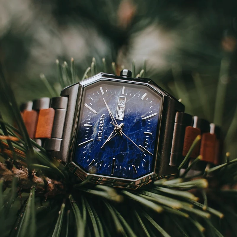 Holzkern Moneo Armbanduhr Blau • Quarzwerk • Holz-Edelstahl-Armband