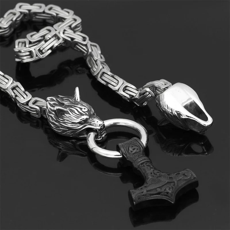 Roestvrij Stalen Schakelketting met Dubbele Wolfskop & Hamer Ornament 60-90cm Verstelbaar Unisex Sieraad | Sansoti