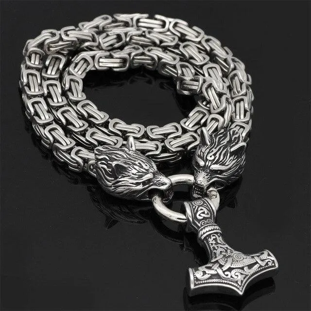 Roestvrij Stalen Schakelketting met Dubbele Wolfskop & Hamer Ornament 60-90cm Verstelbaar Unisex Sieraad | Sansoti