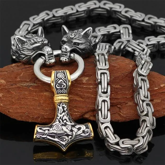 Roestvrij Stalen Schakelketting met Dubbele Wolfskop & Hamer Ornament 60-90cm Verstelbaar Unisex Sieraad | Sansoti