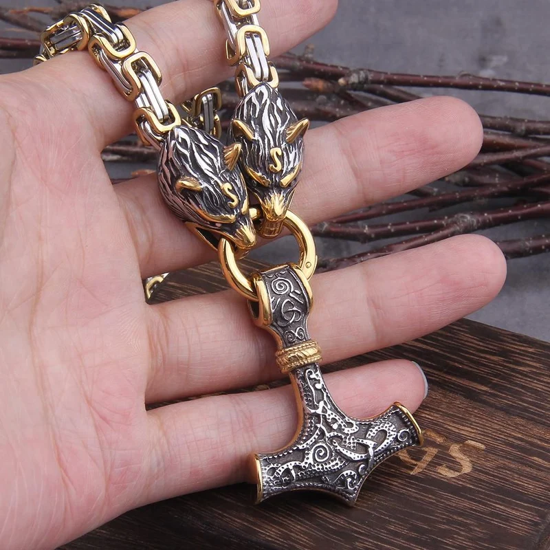 Roestvrij Stalen Schakelketting met Dubbele Wolfskop & Hamer Ornament 60-90cm Verstelbaar Unisex Sieraad | Sansoti