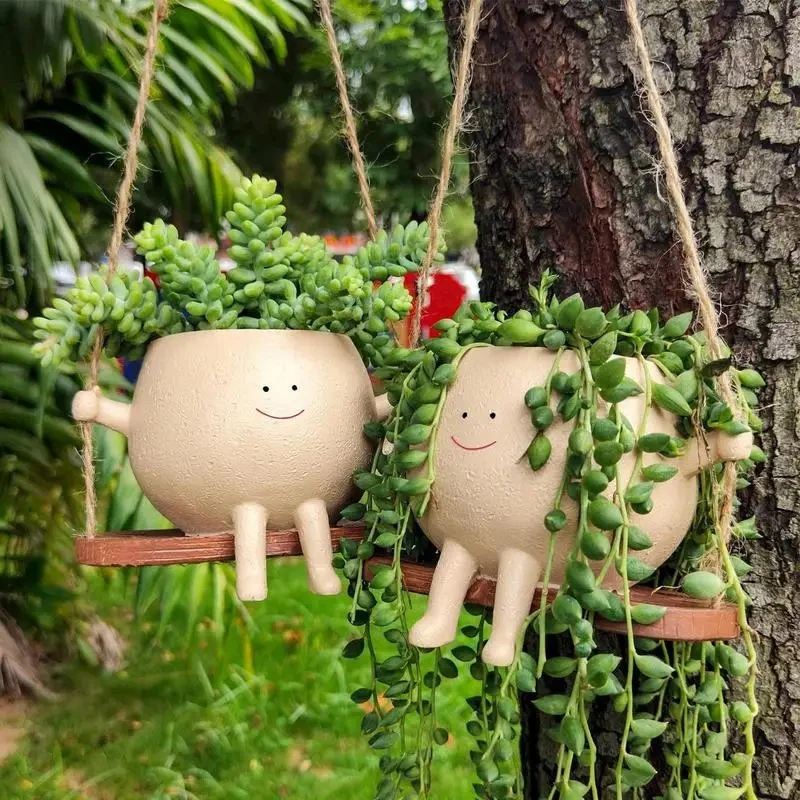 Schommelende Plantenbak met Gezicht voor Binnen en Buiten Decoratieve Bloempot Kunsthars Tuindecoratie | Sansoti