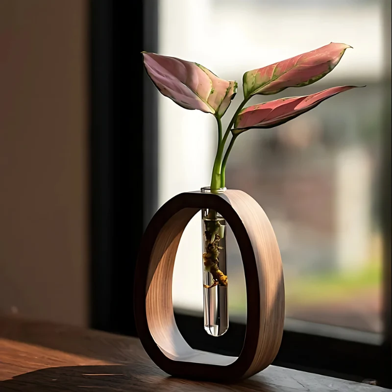 Glazen Vaas met Houten Standaard Hydrocultuur Planthouder Modern Scandinavisch Design Walnoot Decoratief | Sansoti