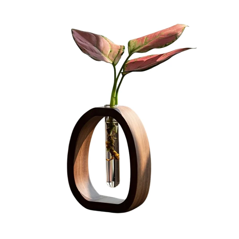 Glazen Vaas met Houten Standaard Hydrocultuur Planthouder Modern Scandinavisch Design Walnoot Decoratief | Sansoti