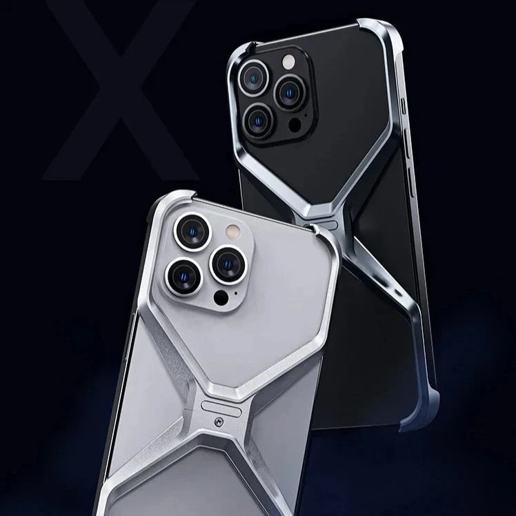 Aluminium X-Frame Telefoonhoesje iPhone 14 15 16 17 Pro Max Randloos Schokbestendig Titanium Design Luxe | Sansoti