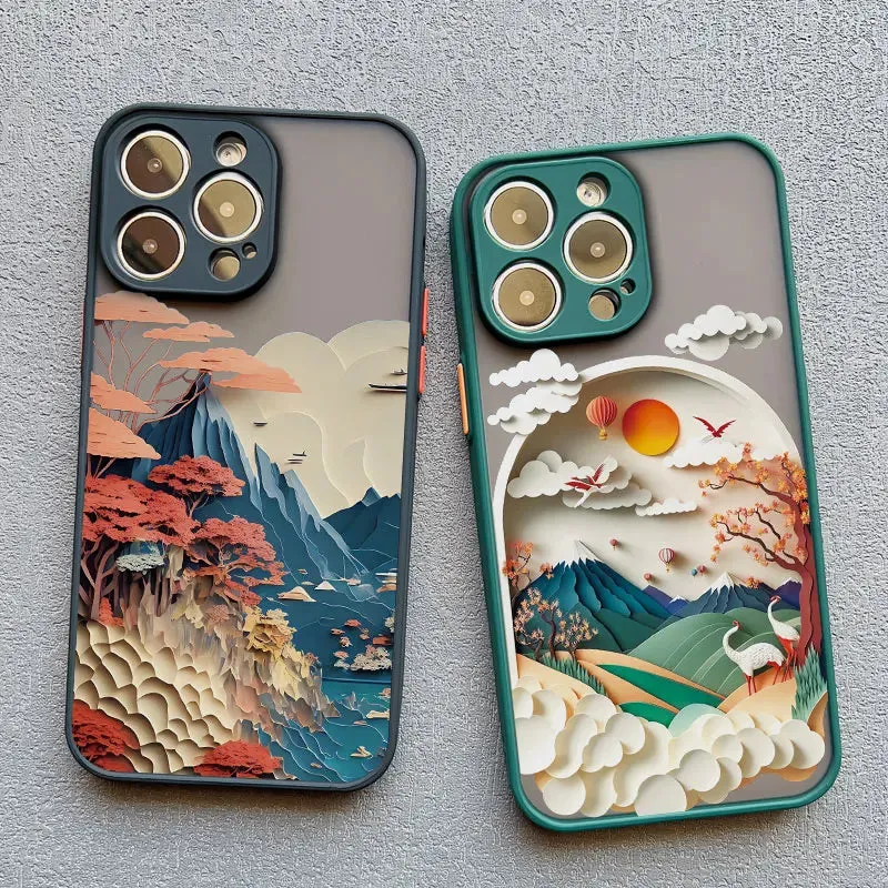 Berglandschap iPhone Hoesje Siliconen met Contrastknoppen Beschermhoes voor iPhone 11 12 13 14 15 16 17 Pro Max | Sansoti