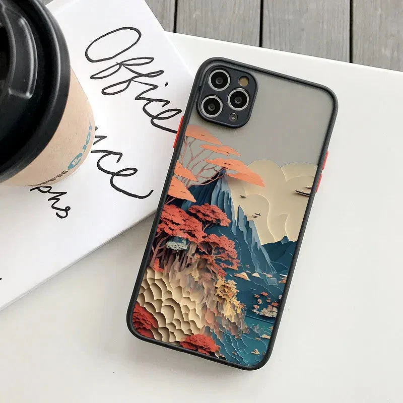 Berglandschap iPhone Hoesje Siliconen met Contrastknoppen Beschermhoes voor iPhone 11 12 13 14 15 16 17 Pro Max | Sansoti