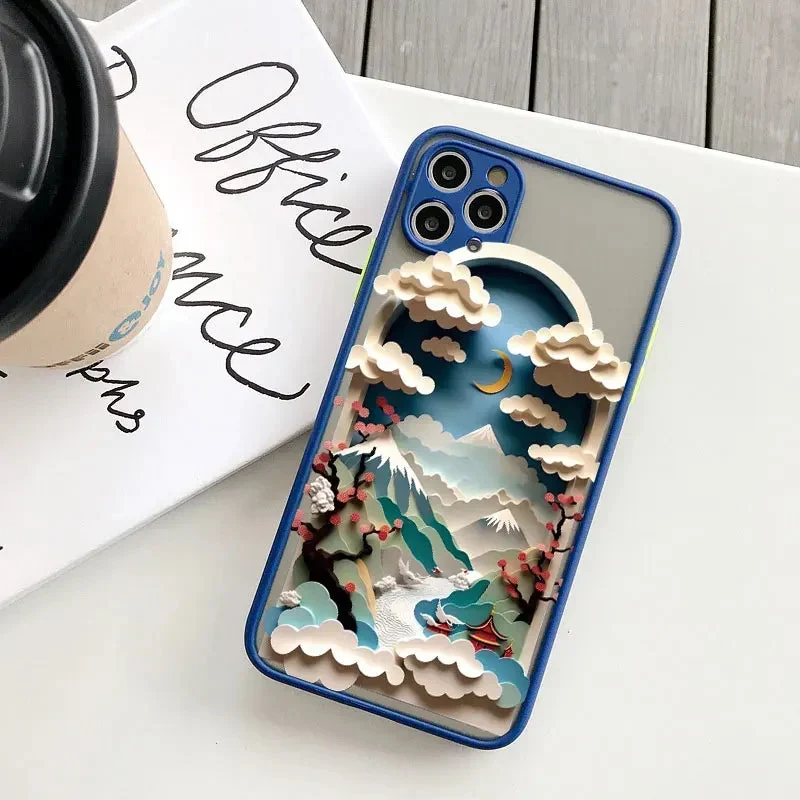 Berglandschap iPhone Hoesje Siliconen met Contrastknoppen Beschermhoes voor iPhone 11 12 13 14 15 16 17 Pro Max | Sansoti