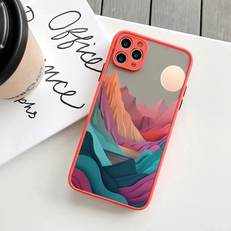 Berglandschap iPhone Hoesje Siliconen met Contrastknoppen Beschermhoes voor iPhone 11 12 13 14 15 16 17 Pro Max | Sansoti