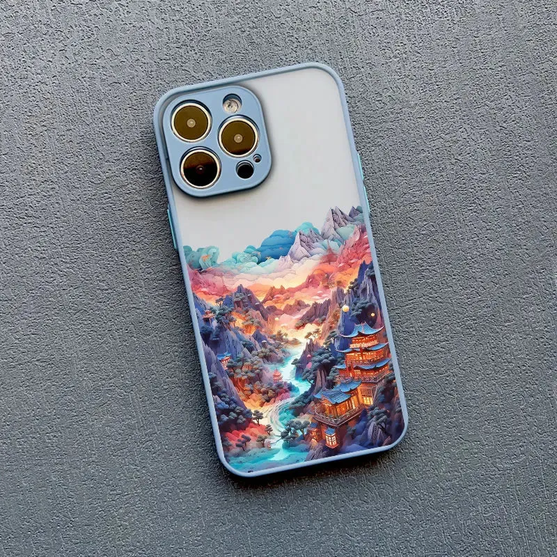 Berglandschap iPhone Hoesje Siliconen met Contrastknoppen Beschermhoes voor iPhone 11 12 13 14 15 16 17 Pro Max | Sansoti
