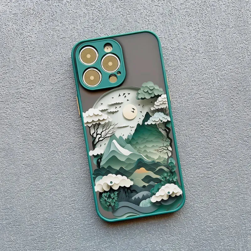 Berglandschap iPhone Hoesje Siliconen met Contrastknoppen Beschermhoes voor iPhone 11 12 13 14 15 16 17 Pro Max | Sansoti
