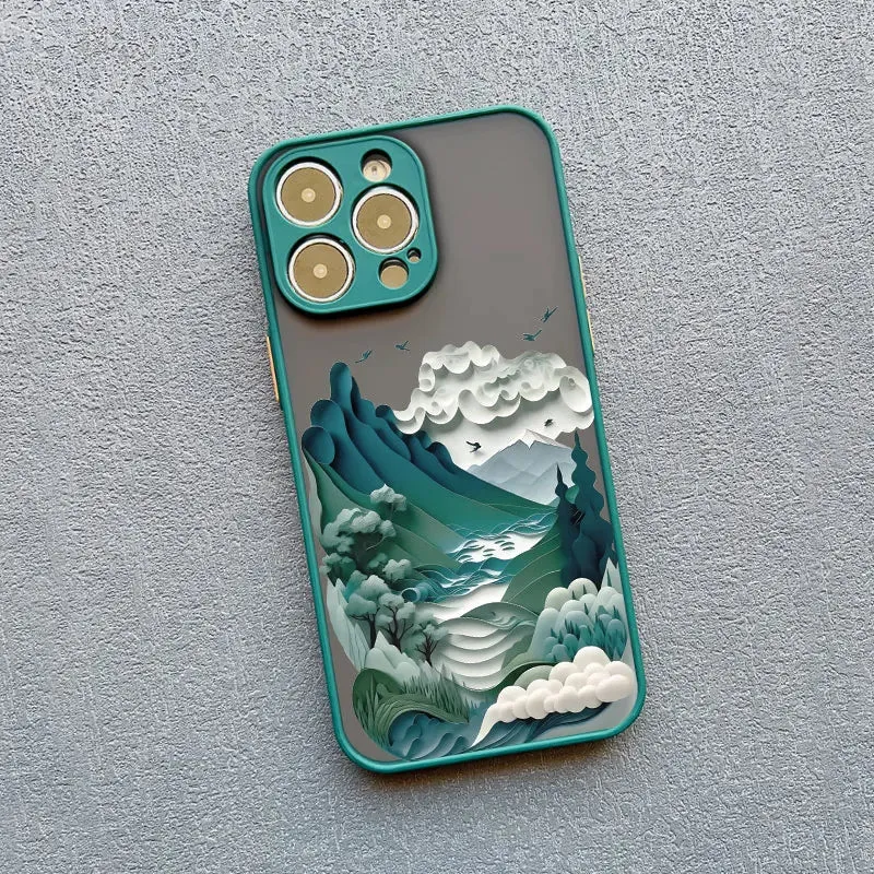 Berglandschap iPhone Hoesje Siliconen met Contrastknoppen Beschermhoes voor iPhone 11 12 13 14 15 16 17 Pro Max | Sansoti