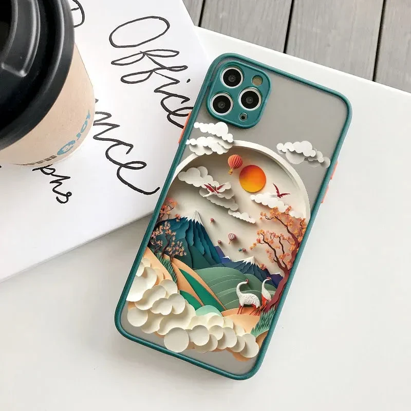 Berglandschap iPhone Hoesje Siliconen met Contrastknoppen Beschermhoes voor iPhone 11 12 13 14 15 16 17 Pro Max | Sansoti