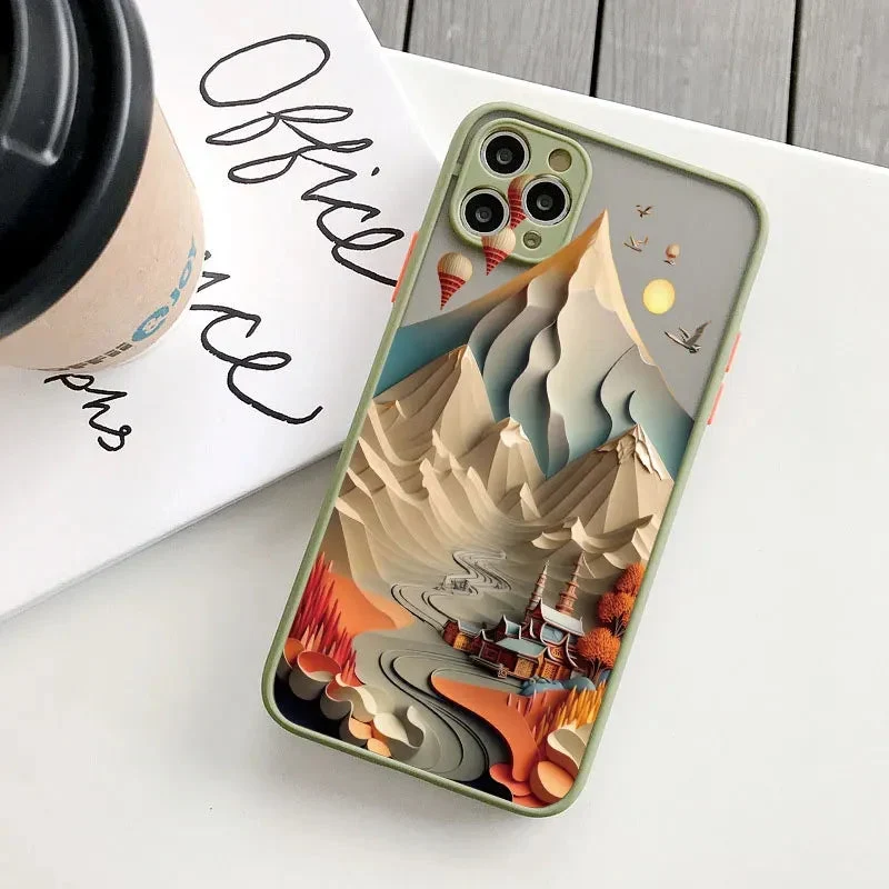 Berglandschap iPhone Hoesje Siliconen met Contrastknoppen Beschermhoes voor iPhone 11 12 13 14 15 16 17 Pro Max | Sansoti