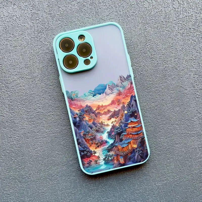 Berglandschap iPhone Hoesje Siliconen met Contrastknoppen Beschermhoes voor iPhone 11 12 13 14 15 16 17 Pro Max | Sansoti