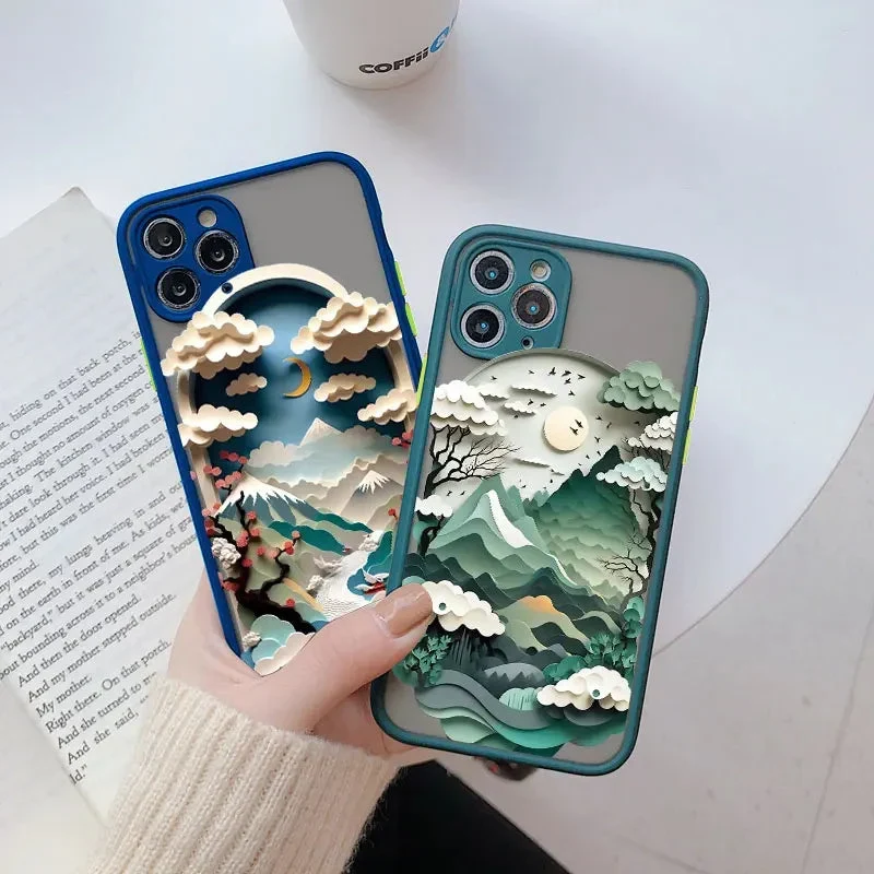 Berglandschap iPhone Hoesje Siliconen met Contrastknoppen Beschermhoes voor iPhone 11 12 13 14 15 16 17 Pro Max | Sansoti