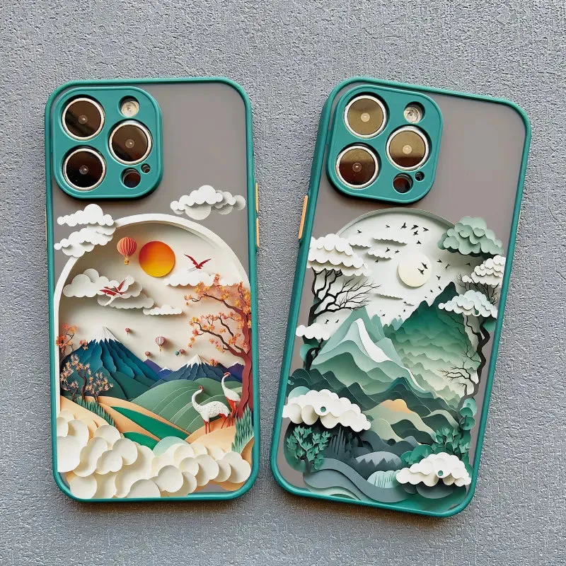 Berglandschap iPhone Hoesje Siliconen met Contrastknoppen Beschermhoes voor iPhone 11 12 13 14 15 16 17 Pro Max | Sansoti