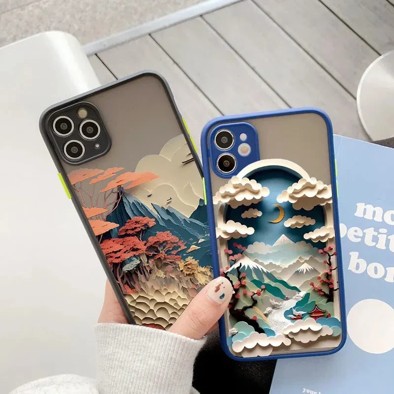 Berglandschap iPhone Hoesje Siliconen met Contrastknoppen Beschermhoes voor iPhone 11 12 13 14 15 16 17 Pro Max | Sansoti