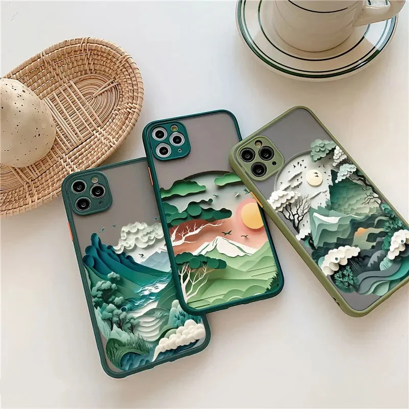 Berglandschap iPhone Hoesje Siliconen met Contrastknoppen Beschermhoes voor iPhone 11 12 13 14 15 16 17 Pro Max | Sansoti