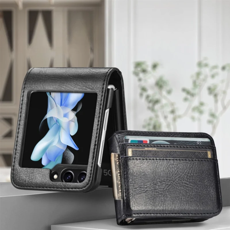 Flip Telefoon Portemonnee Hoes met Kaartvakken PU Leer Beschermhoes voor Klaptelefoon Zwart Blauw Compact | Sansoti