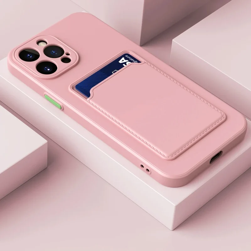 Siliconen iPhone Hoesje met Kaarthouder Contrasterende Knoppen Geïntegreerde Camerabescherming Stijlvol | Sansoti