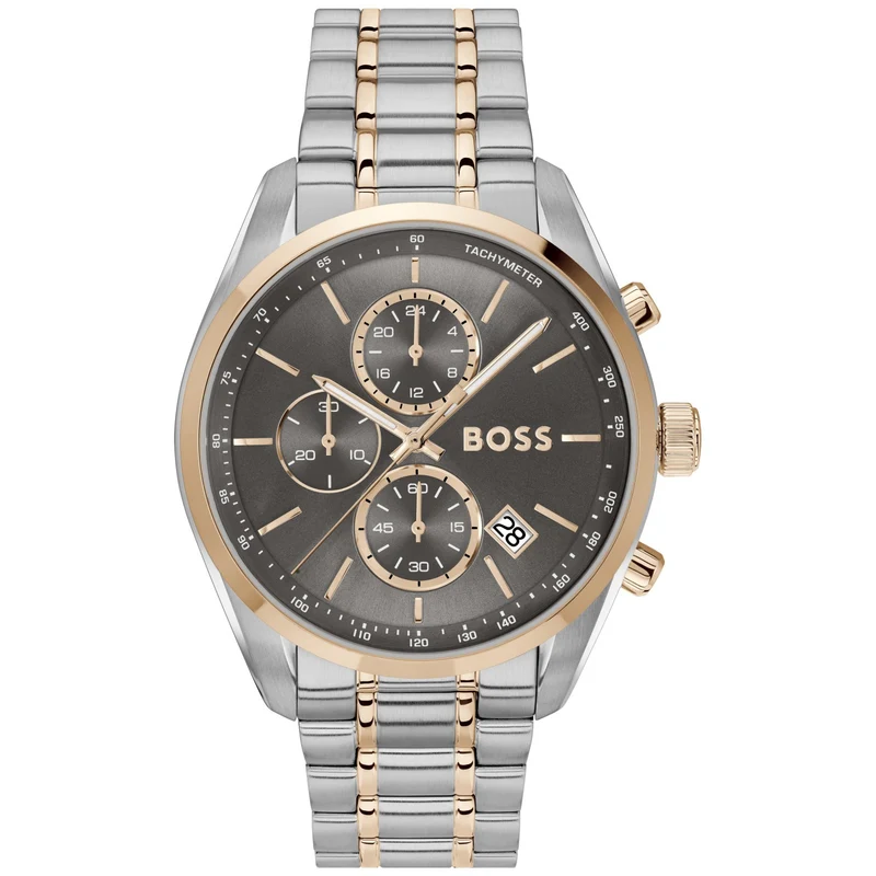 BOSS Grand Prix 1514252 Herren Armbanduhr Grau • Chronograph mit Tachymeter • Zweifarbiges Edelstahlarmband