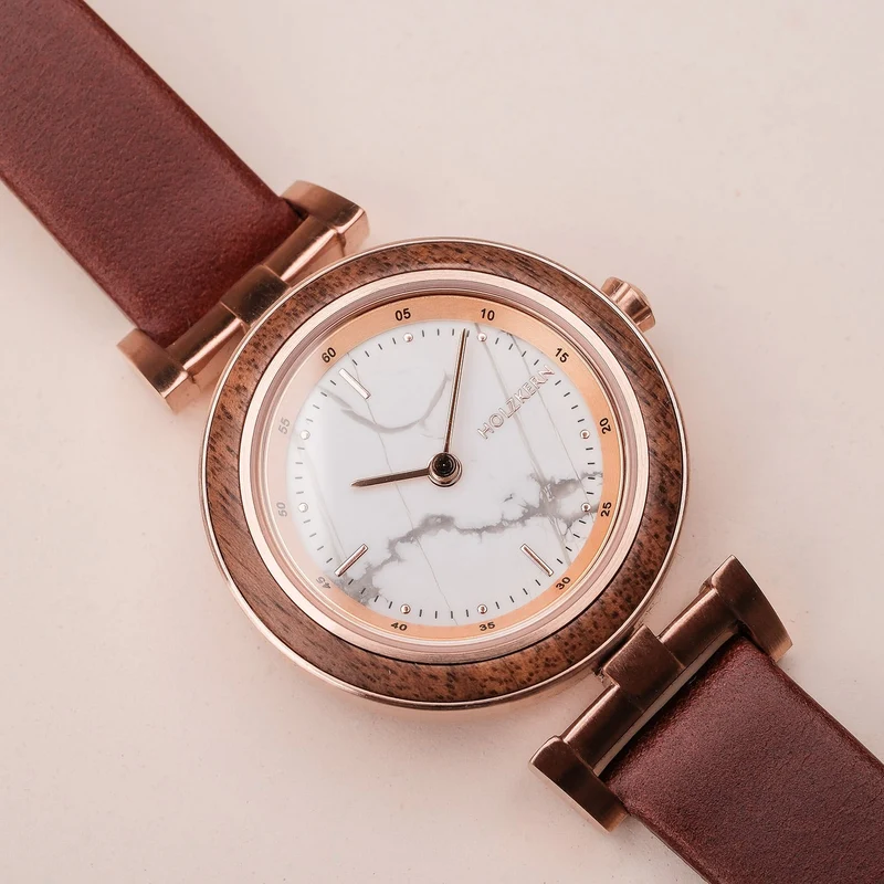 Holzkern Ida Damenarmbanduhr Roségold • Marmorzifferblatt • Walnussholz-Lünette
