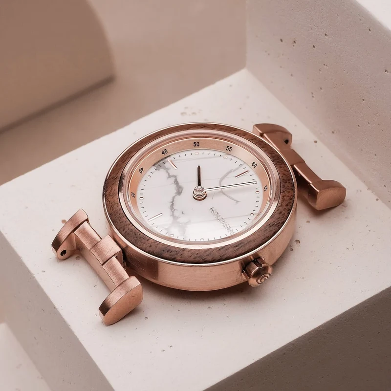 Holzkern Ida Damenarmbanduhr Roségold • Marmorzifferblatt • Walnussholz-Lünette