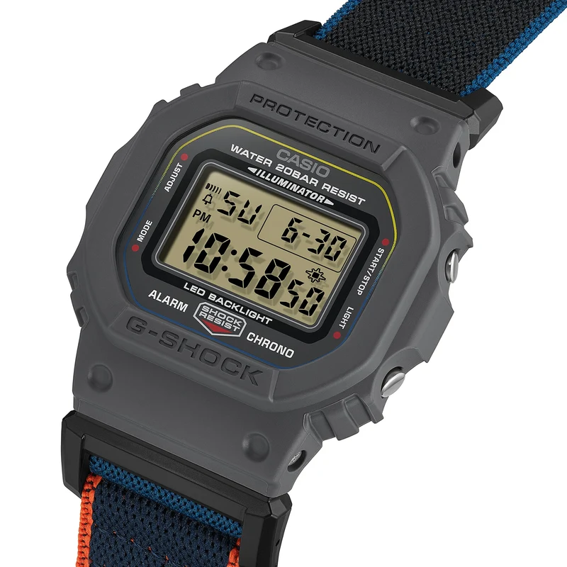 Casio DW-5600MNC-8A2ER G-Shock Origin Armbanduhr Anthrazit/Blau • FIDLOCK® Magnetschließe • Biobasiertes Resin