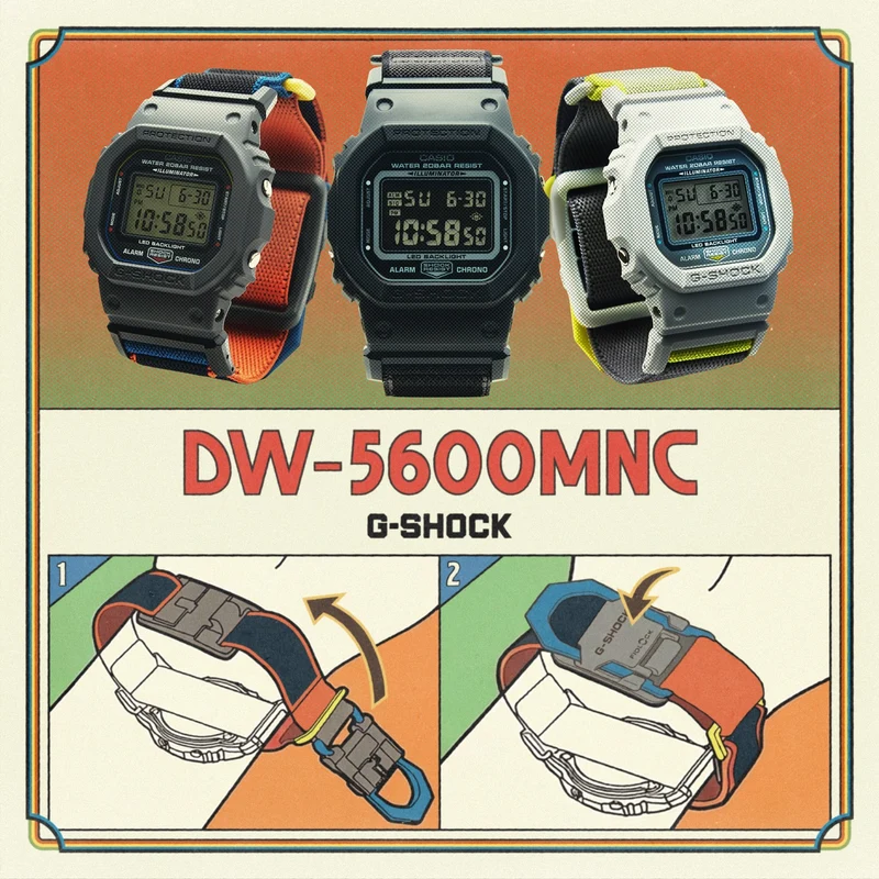 Casio DW-5600MNC-8A2ER G-Shock Origin Armbanduhr Anthrazit/Blau • FIDLOCK® Magnetschließe • Biobasiertes Resin
