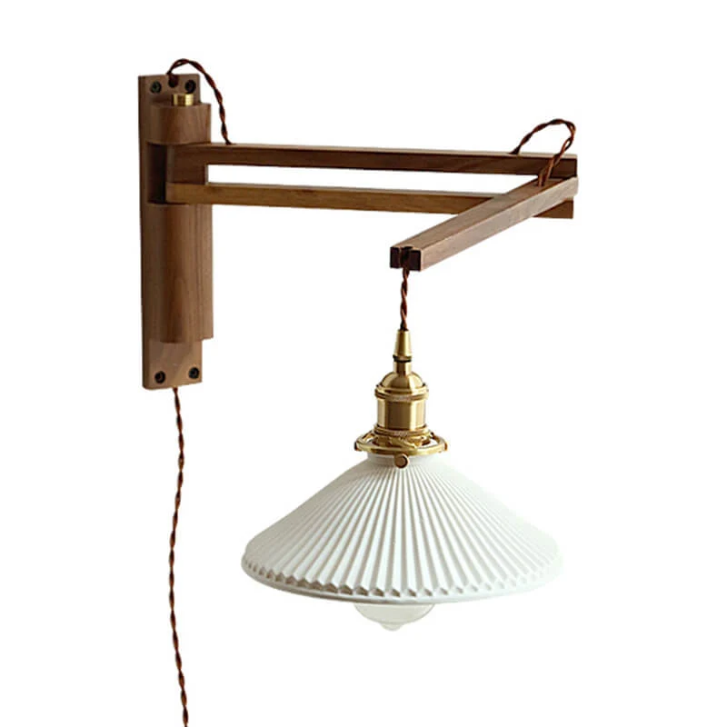 Uitschuifbare wandlamp met gestreept glas en houten arm voor woonkamer slaapkamer hal leeshoek sfeerverlichting | Sansoti