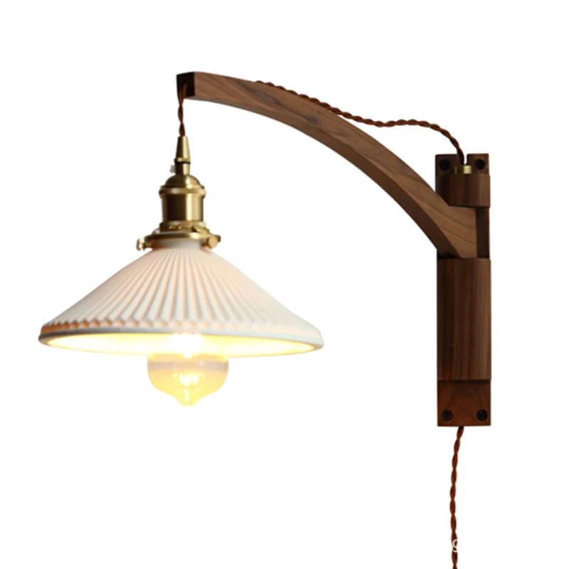 Uitschuifbare wandlamp met gestreept glas en houten arm voor woonkamer slaapkamer hal leeshoek sfeerverlichting | Sansoti