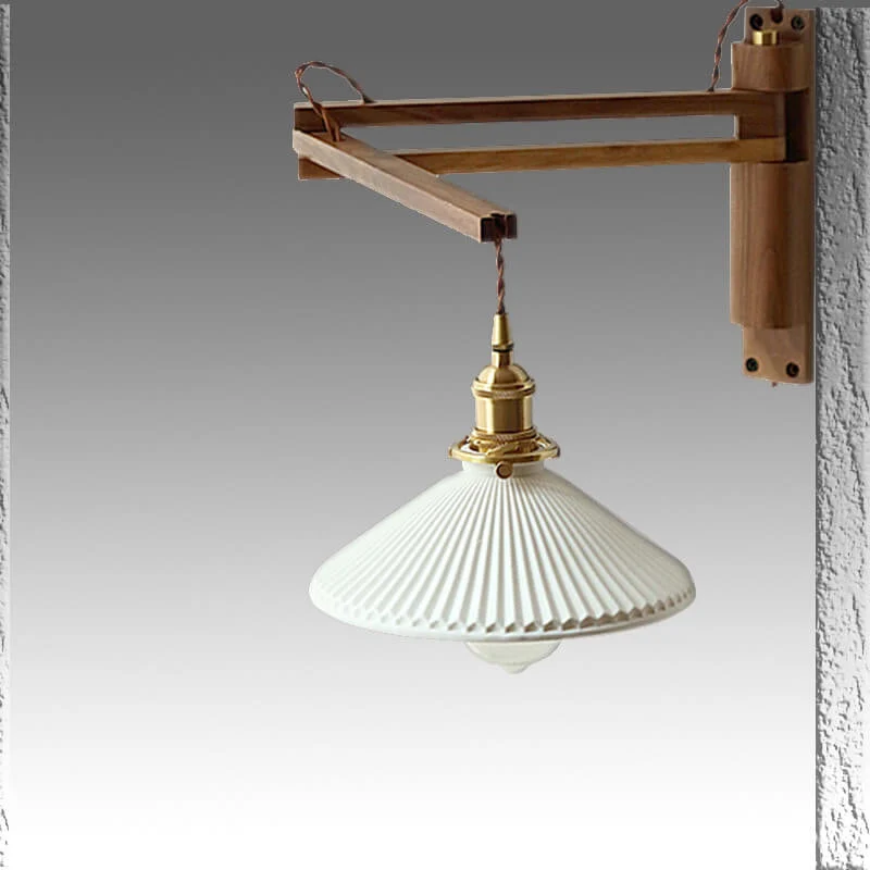 Uitschuifbare wandlamp met gestreept glas en houten arm voor woonkamer slaapkamer hal leeshoek sfeerverlichting | Sansoti