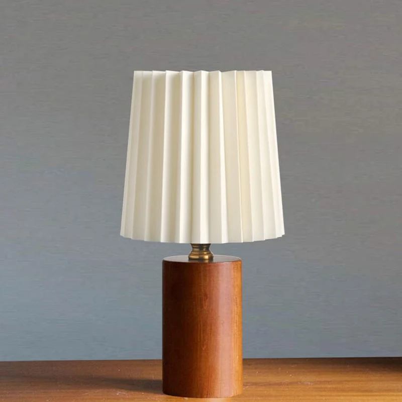 Tafellamp Plissé Kap Houten Voet Vintage Stijl Dimbaar Sfeerlicht Nachtkastje Woonkamer Leeslamp Retro Design | Sansoti