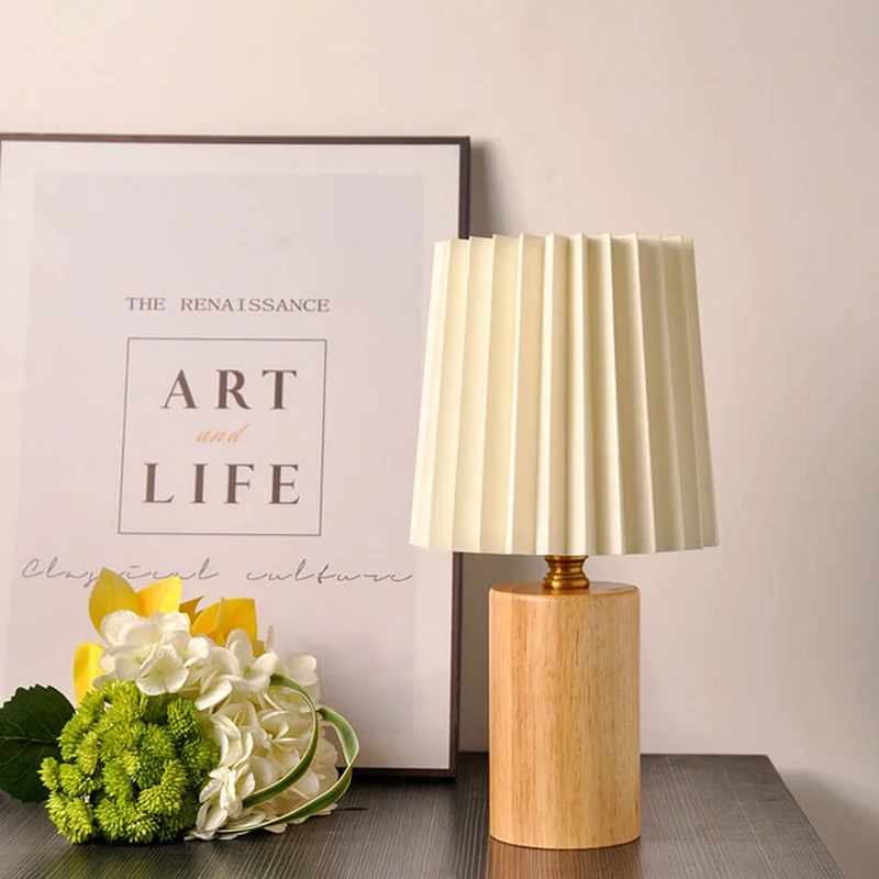Tafellamp Plissé Kap Houten Voet Vintage Stijl Dimbaar Sfeerlicht Nachtkastje Woonkamer Leeslamp Retro Design | Sansoti