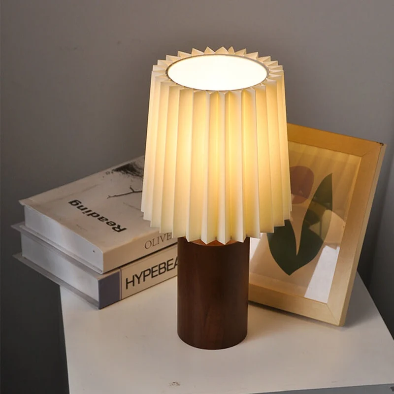 Tafellamp Plissé Kap Houten Voet Vintage Stijl Dimbaar Sfeerlicht Nachtkastje Woonkamer Leeslamp Retro Design | Sansoti