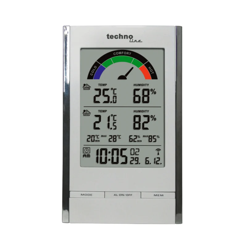 Wetterstation - Außensensor - Temperatur und Luftfeuchtigkeit - Funkuhr - Alarmfunktion - Datum - Technoline WS 9480