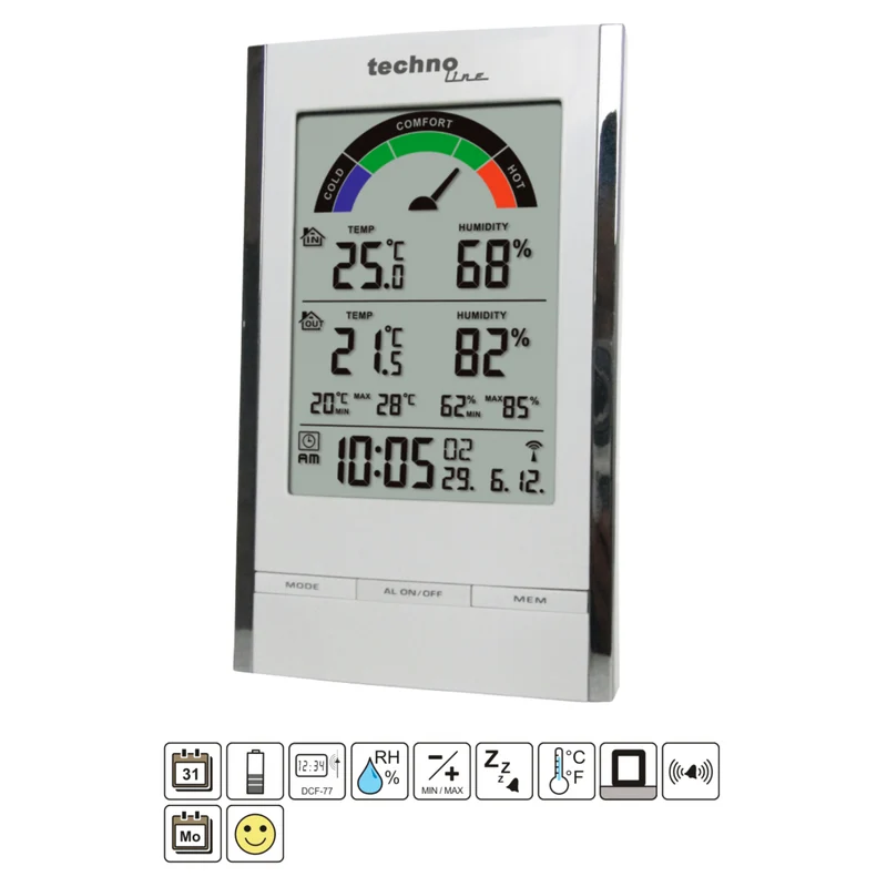 Wetterstation - Außensensor - Temperatur und Luftfeuchtigkeit - Funkuhr - Alarmfunktion - Datum - Technoline WS 9480