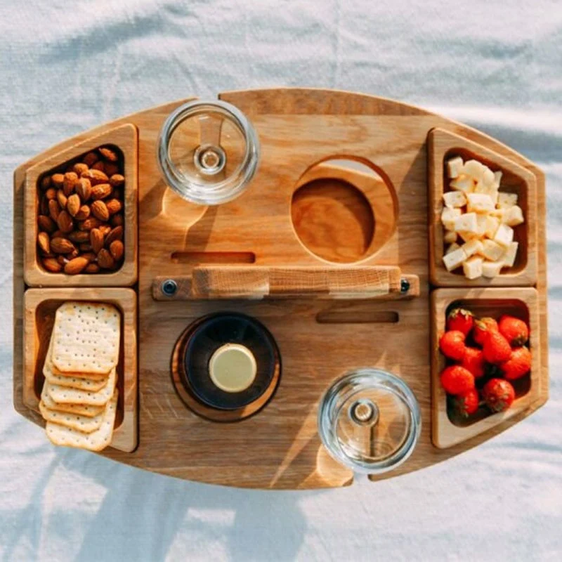 Opvouwbare Houten Wijnpicknicktafel met Fleshouders en Snackcompartimenten | Draagbare Wijnserveerset voor Buiten Park Strand Tuin Balkon | Sansoti
