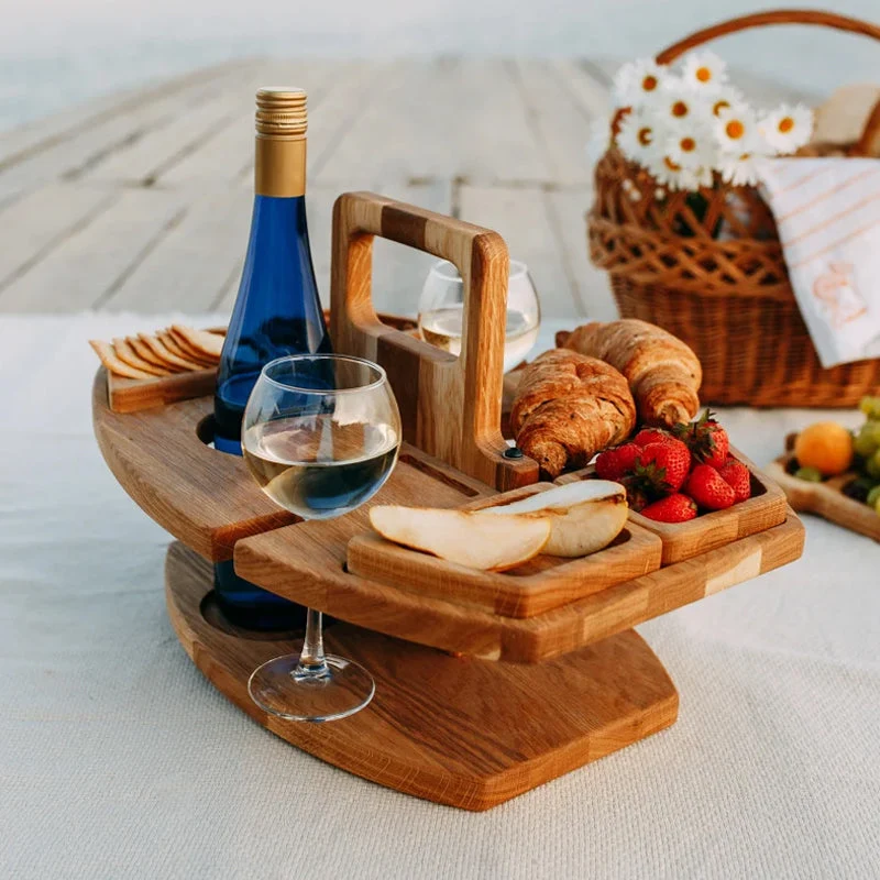 Opvouwbare Houten Wijnpicknicktafel met Fleshouders en Snackcompartimenten | Draagbare Wijnserveerset voor Buiten Park Strand Tuin Balkon | Sansoti