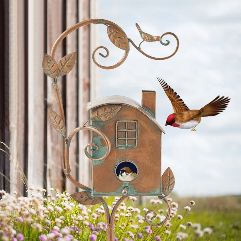 Metalen Vogelhuisje op Tuinsteker met Artistiek Design voor Tuin Terras Balkon | Sansoti