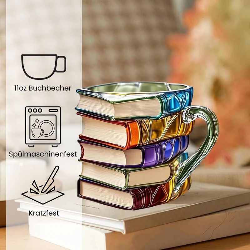 Handgemaakte 3D Boekenmok met Reliëf – Boekenliefhebber Cadeau – Dikwandig Glas – Koffie Thee Beker – Gedetailleerde Boekenruggen | Sansoti