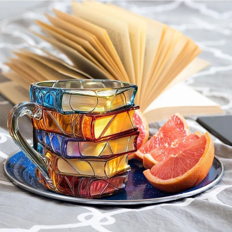 Handgemaakte 3D Boekenmok met Reliëf – Boekenliefhebber Cadeau – Dikwandig Glas – Koffie Thee Beker – Gedetailleerde Boekenruggen | Sansoti