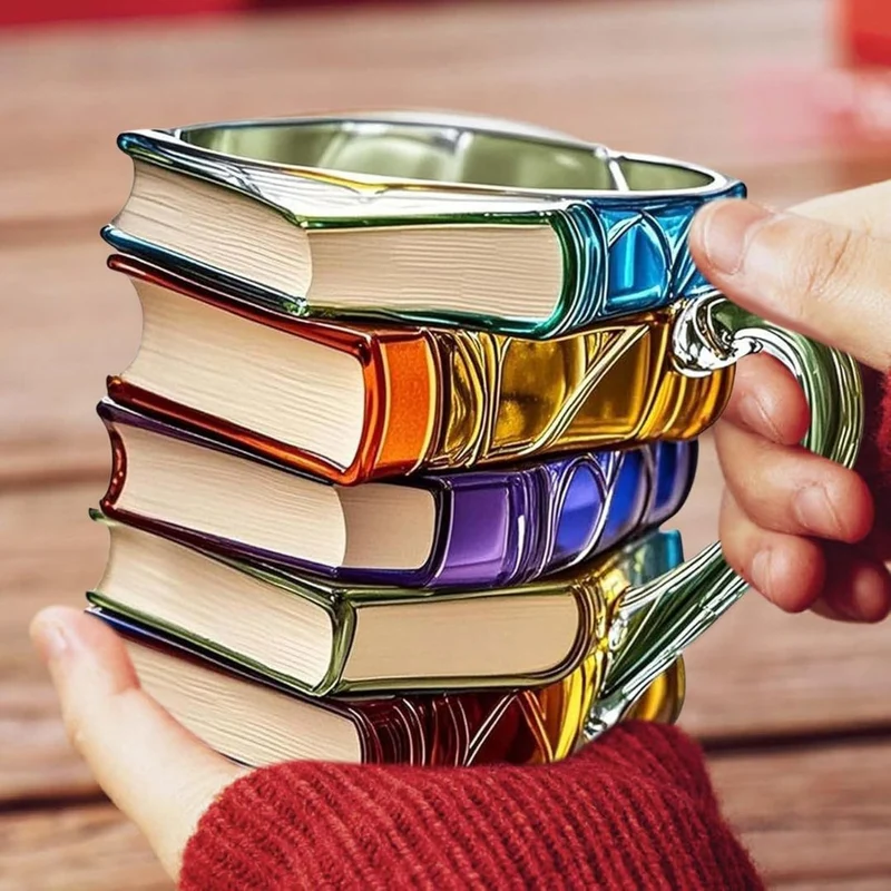Handgemaakte 3D Boekenmok met Reliëf – Boekenliefhebber Cadeau – Dikwandig Glas – Koffie Thee Beker – Gedetailleerde Boekenruggen | Sansoti
